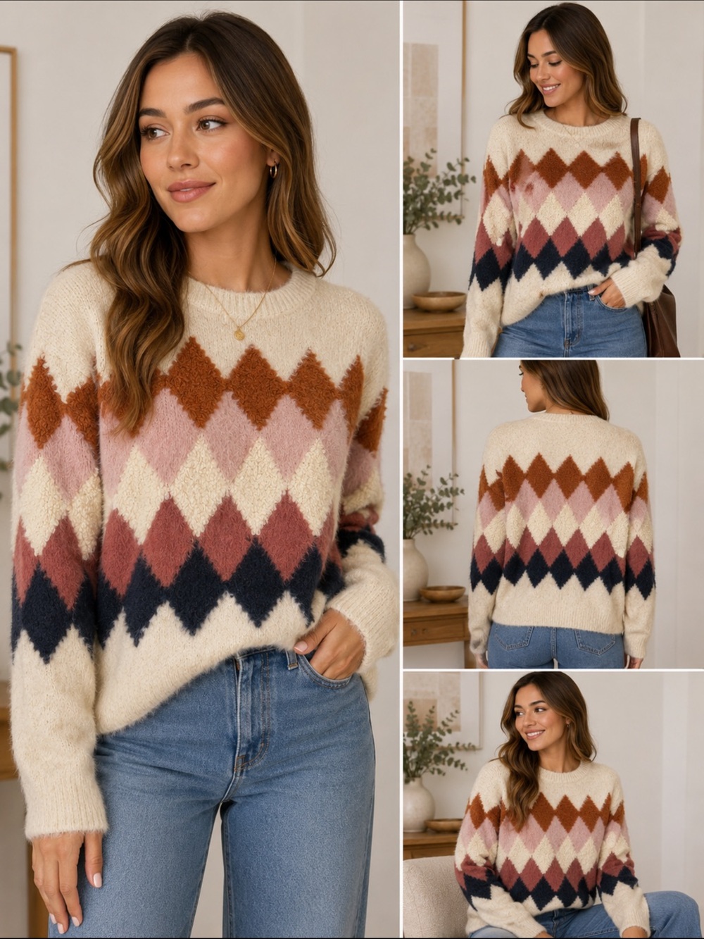FRNCH Paris Fuzzy Argyle Sweater Cream Pink Brown Navy Size S/M